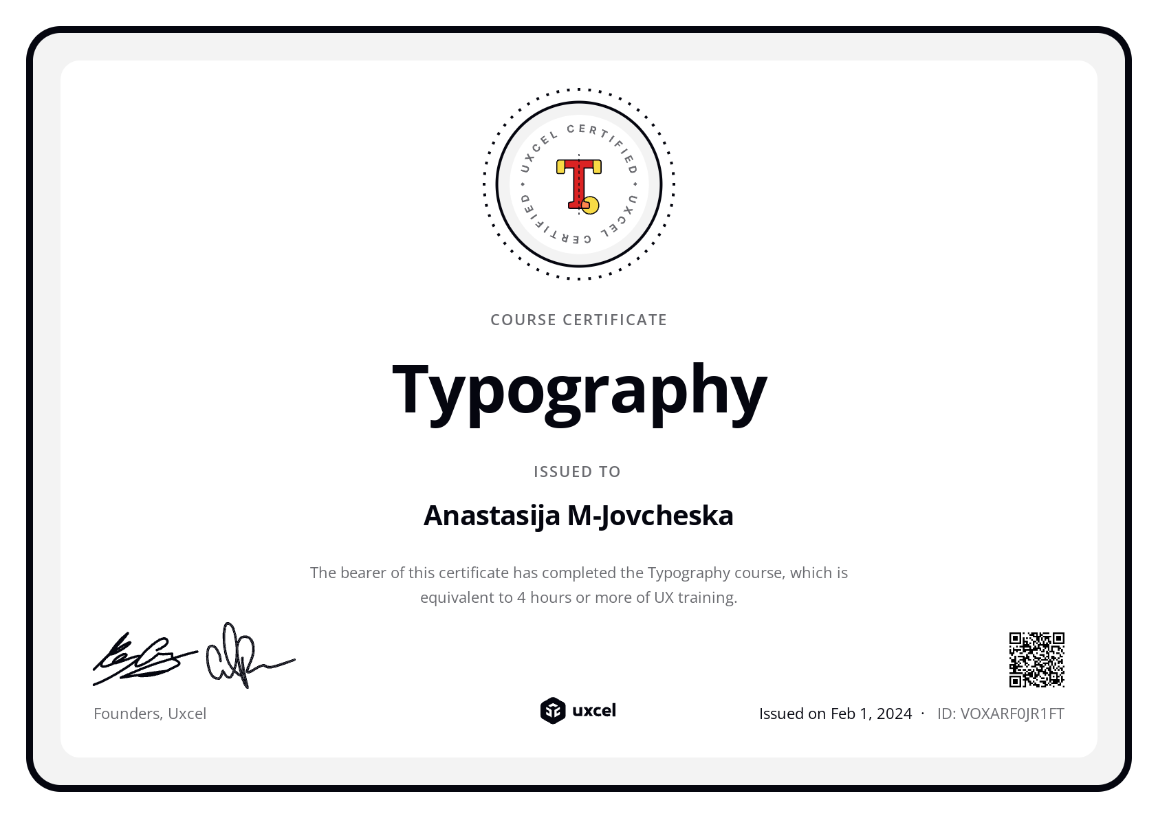 Anastasija M-Jovcheska's certificate